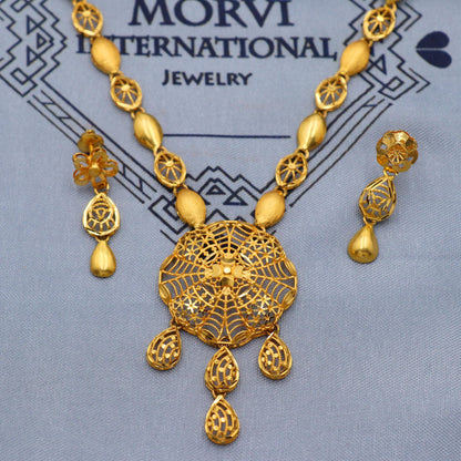 Indian Solid 22k Gold Necklace Earrings Set, Vintage Ethnic Gold Jewelry Set, Pure Real Necklace with Earrings Wedding Party Wear, K5811