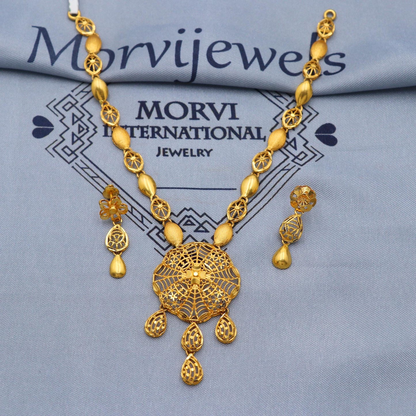 Indian Solid 22k Gold Necklace Earrings Set, Vintage Ethnic Gold Jewelry Set, Pure Real Necklace with Earrings Wedding Party Wear, K5811