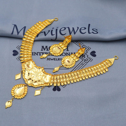 Indian Solid 22k Gold Necklace Earrings Set, Vintage Ethnic Gold Jewelry Set, Pure Real Necklace with Earrings Wedding Party Wear, K5812