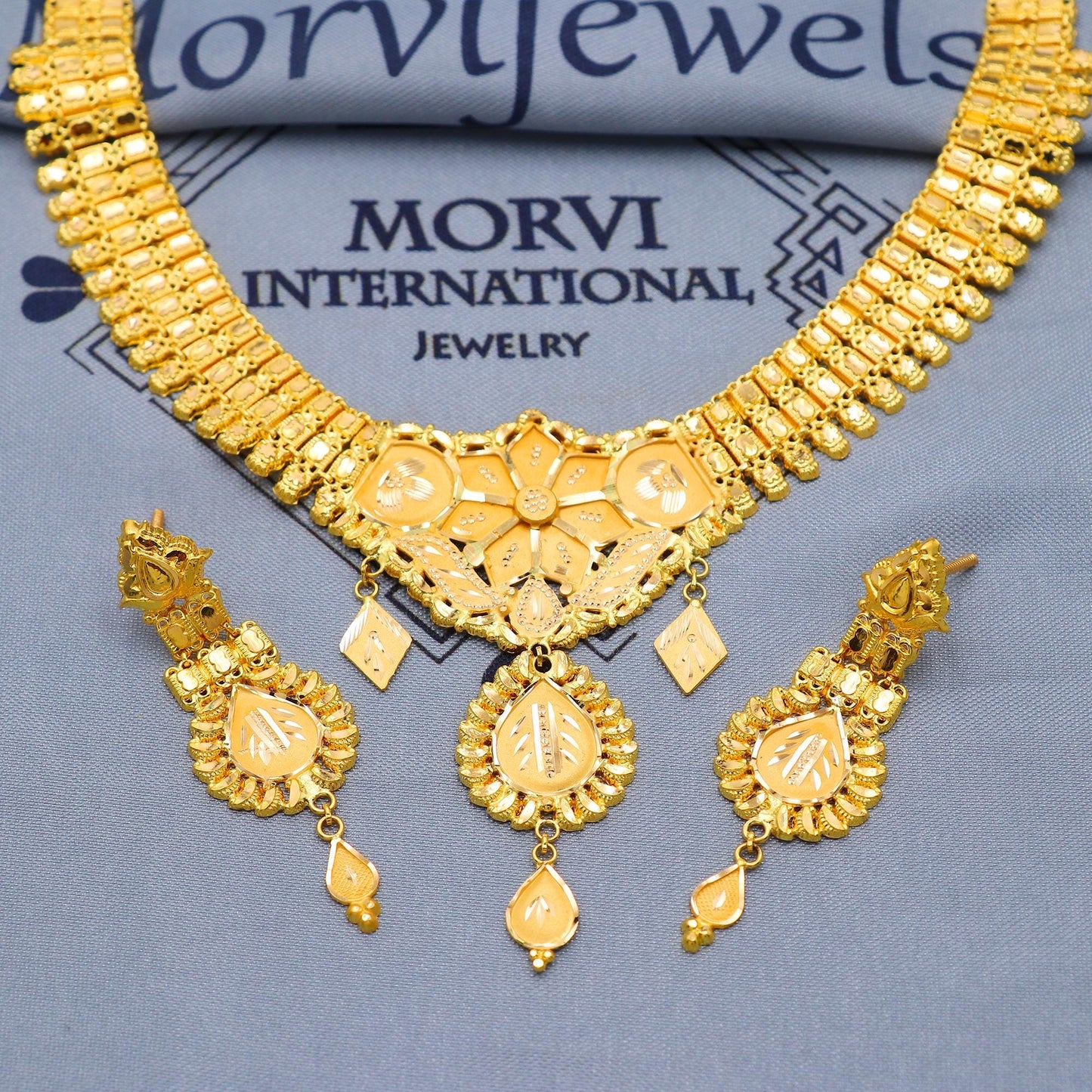Indian Solid 22k Gold Necklace Earrings Set, Vintage Ethnic Gold Jewelry Set, Pure Real Necklace with Earrings Wedding Party Wear, K5812