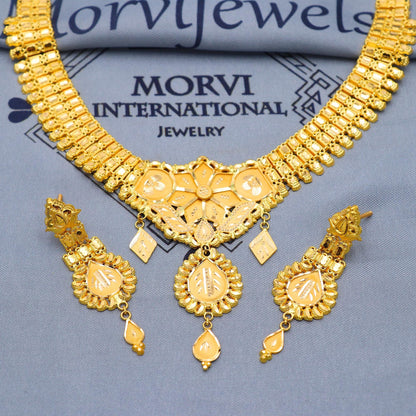Indian Solid 22k Gold Necklace Earrings Set, Vintage Ethnic Gold Jewelry Set, Pure Real Necklace with Earrings Wedding Party Wear, K5812