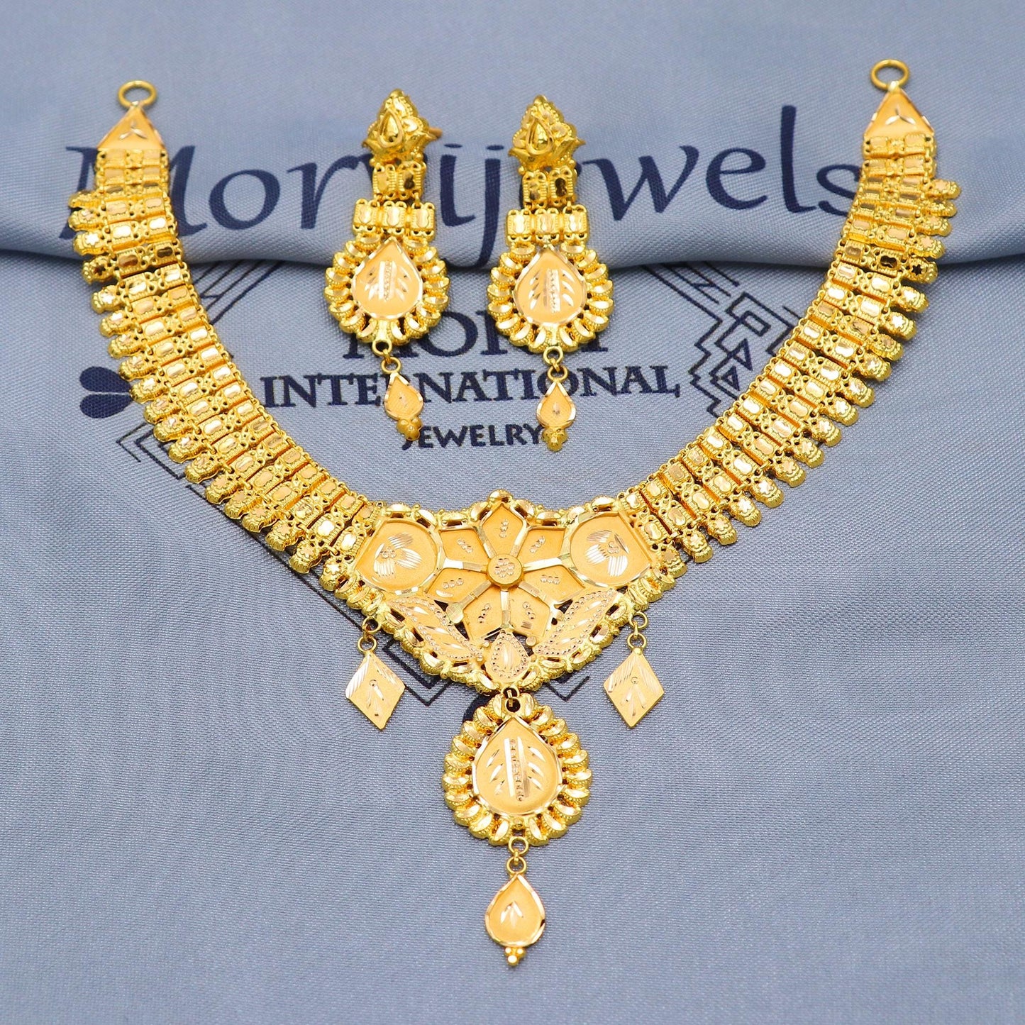 Indian Solid 22k Gold Necklace Earrings Set, Vintage Ethnic Gold Jewelry Set, Pure Real Necklace with Earrings Wedding Party Wear, K5812