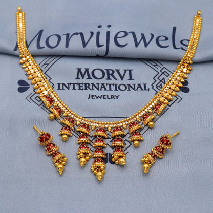 Indian Solid 22k Gold Necklace Earrings Set, Red Meena enamel colored gold asian jewelry, K5813