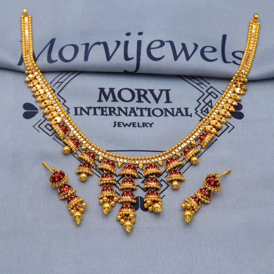 Indian Solid 22k Gold Necklace Earrings Set, Red Meena enamel colored gold asian jewelry, K5813