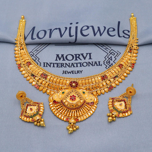 Indian Solid 22k Gold Necklace Earrings Set, Vintage Ethnic Gold Jewelry Set, Pure Real Necklace with Earrings Wedding Party Wear, K5814