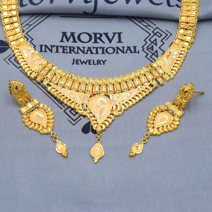 Indian Solid 22k Gold Necklace Earrings Set, Vintage Ethnic Gold Jewelry Set, Pure Real Necklace with Earrings Wedding Party Wear, K5815