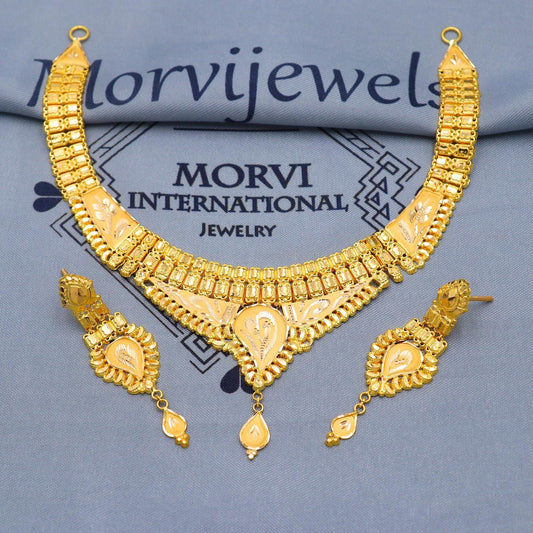 Indian Solid 22k Gold Necklace Earrings Set, Vintage Ethnic Gold Jewelry Set, Pure Real Necklace with Earrings Wedding Party Wear, K5815