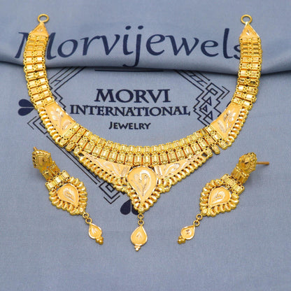 Indian Solid 22k Gold Necklace Earrings Set, Vintage Ethnic Gold Jewelry Set, Pure Real Necklace with Earrings Wedding Party Wear, K5815