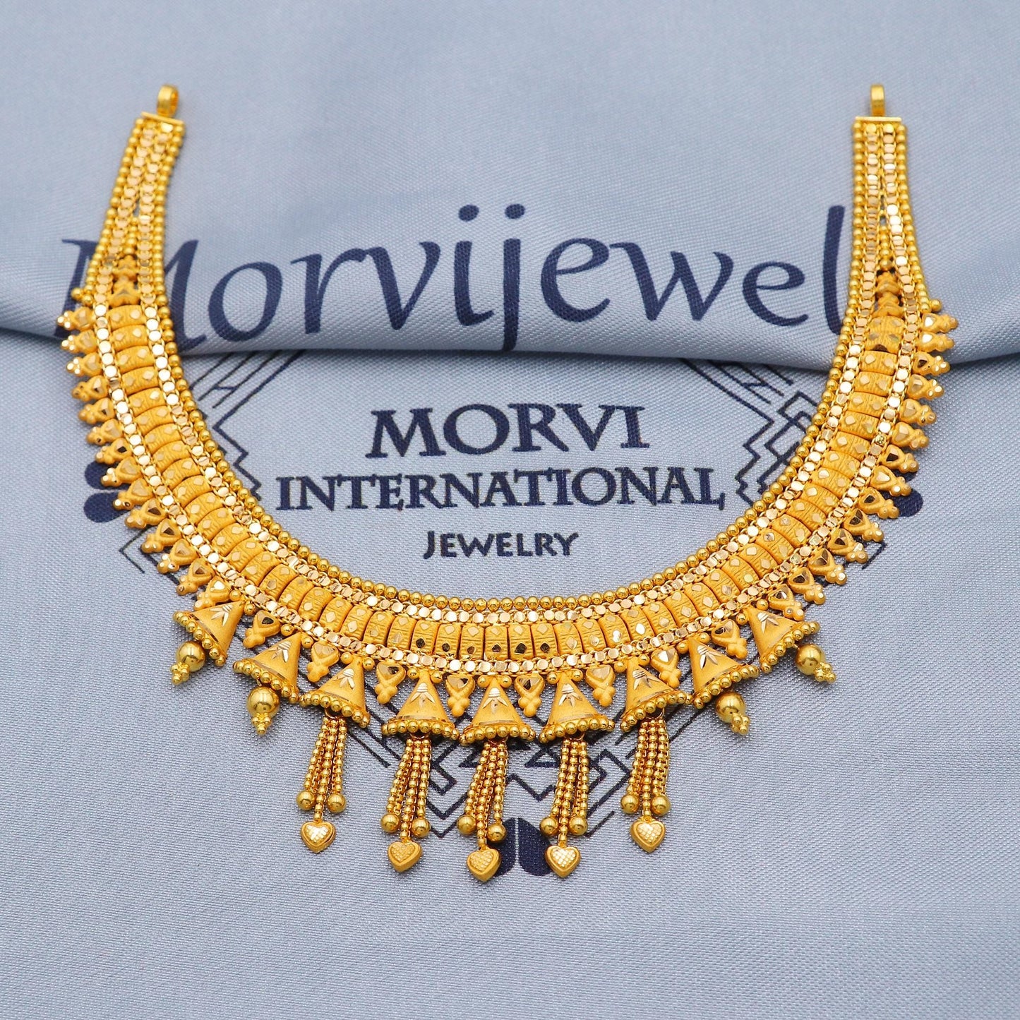 Indian Classic Solid 22k Gold Necklace, Vintage Ethnic Gold Jewelry Set, Pure Real Necklace Wedding Party Wear, K5817