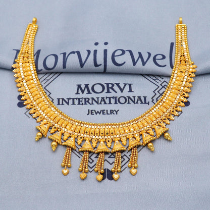Indian Classic Solid 22k Gold Necklace, Vintage Ethnic Gold Jewelry Set, Pure Real Necklace Wedding Party Wear, K5817