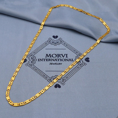 Engraved Links Flat Gold Necklace Chain, Solid Real 22k Gold Chain Handmade Indian Jewellery, all inches long gold all sizes,