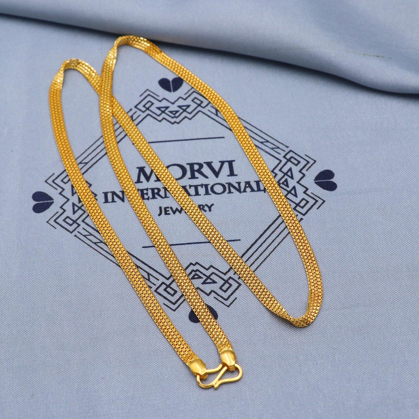 Solid Real 22k Gold Chain Flat Box Style Chain Handmade Indian Jewelry, 23 inches gold chain, 4 mm gold chain, K5856