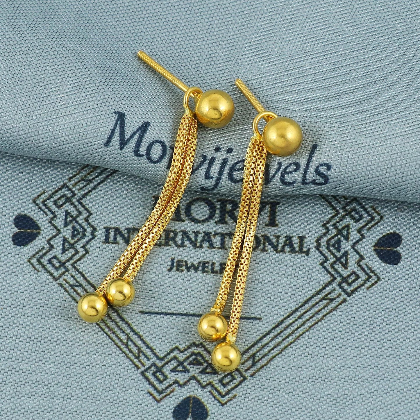 22k Gold Stud Earrings dangling Ear chain, Handmade Yellow gold earrings for women, 5 mm Ball Stud, Beads Stud, small earrings, K5671A