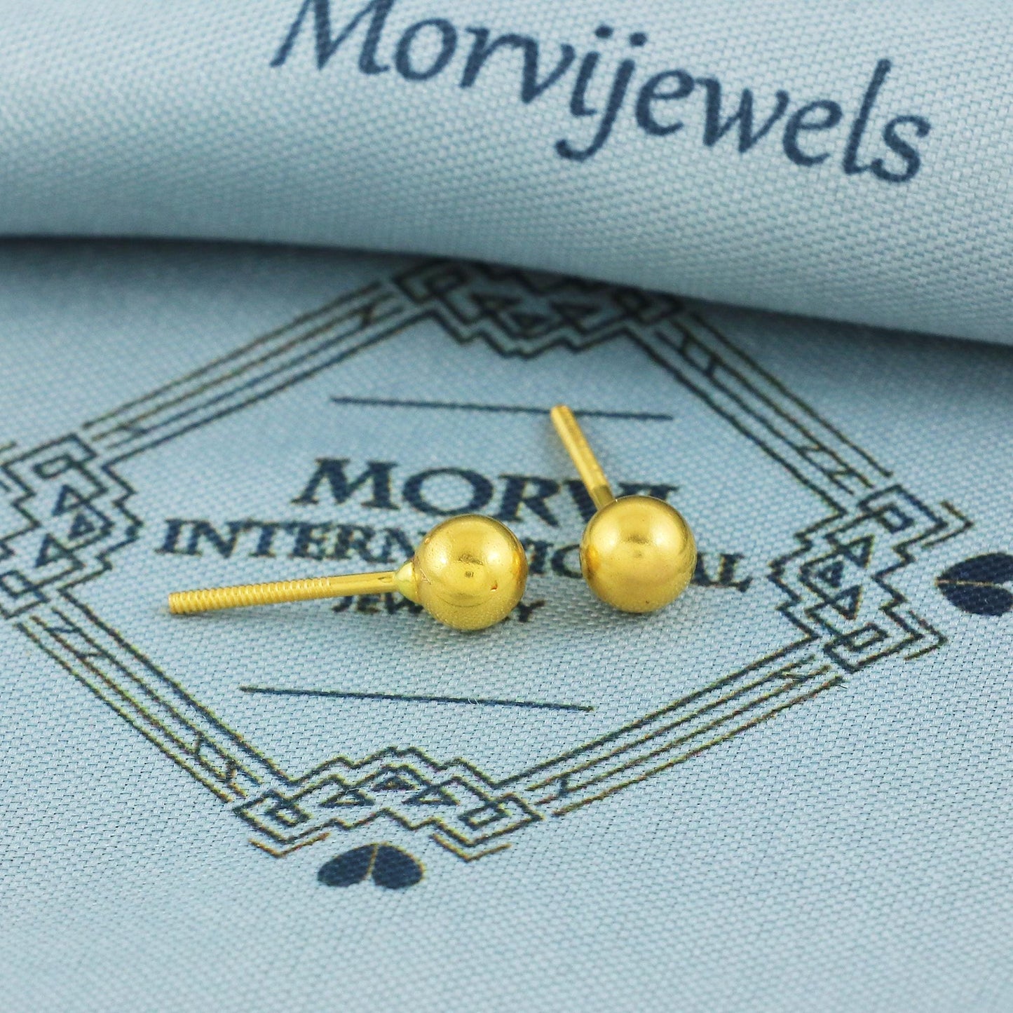 22k Gold Stud Earrings dangling Ear chain, Handmade Yellow gold earrings for women, 5 mm Ball Stud, Beads Stud, small earrings, K5671A