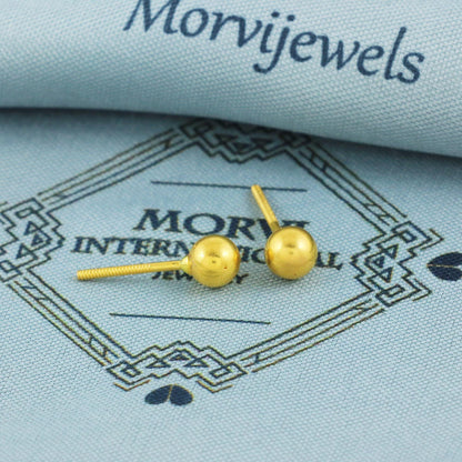 22k Gold Stud Earrings dangling Ear chain, Handmade Yellow gold earrings for women, 5 mm Ball Stud, Beads Stud, small earrings, K5671A