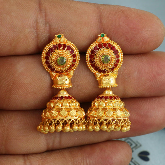 22k Yellow Gold jhumka Earrings , wedding, bridal, hanging small bell indian ethnic gold earrings, K5921