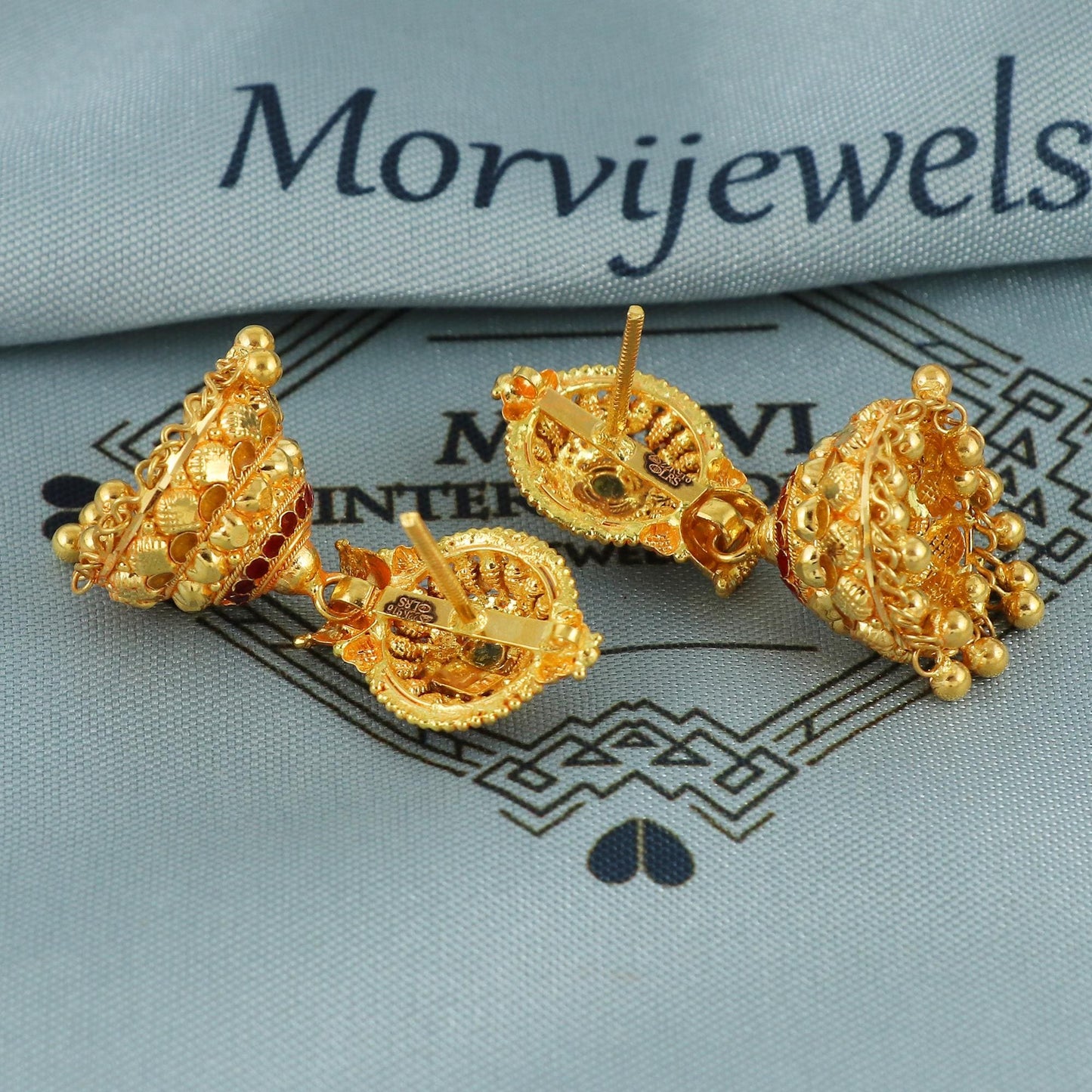 22k Yellow Gold jhumka Earrings , wedding, bridal, hanging small bell indian ethnic gold earrings, K5921