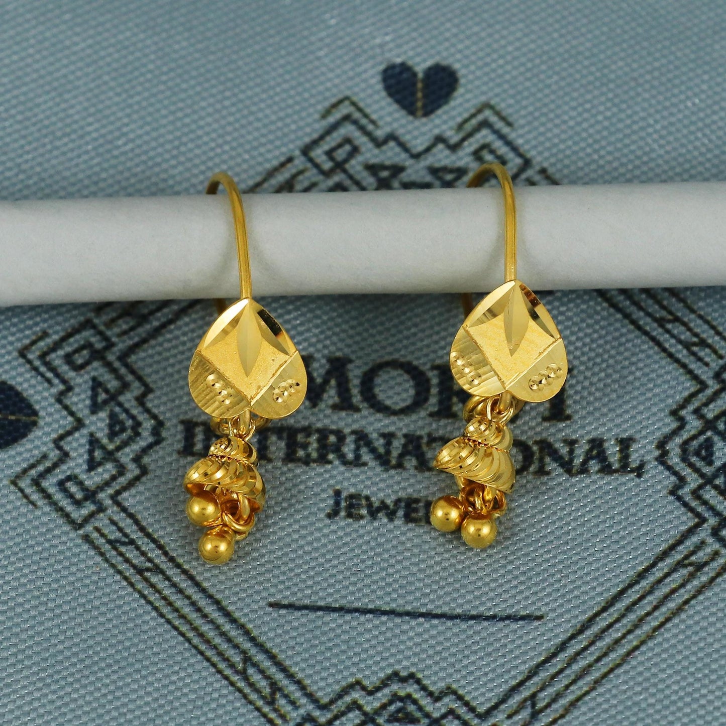 22k Gold Earrings Engraved Ear wire Hook Dangle Earrings , Small Dangling 22kt Earrings, Indian Gold Earrings, Party Wear Earrings, MJ0108