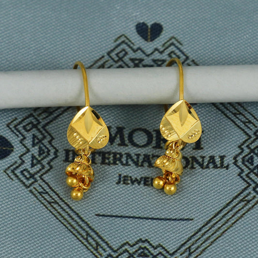 22k Gold Earrings Engraved Ear wire Hook Dangle Earrings , Small Dangling 22kt Earrings, Indian Gold Earrings, Party Wear Earrings, MJ0108