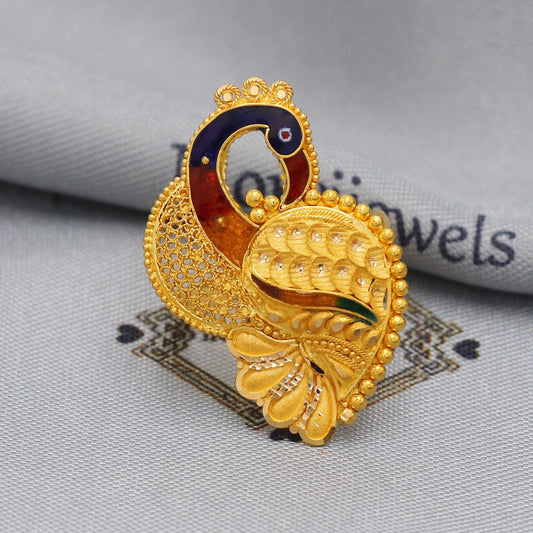Old Style 22k Yellow Gold Ring Jewelry, Peacock Designer Ring in 22kt Gold, K5898