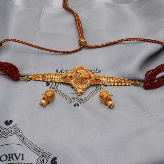 22k Gold Indian Choker Necklace with Adjustable Dori, Handmade Traditional Gold Jewelry | Vintage Filigree Style Pure Gold Necklace, K5908