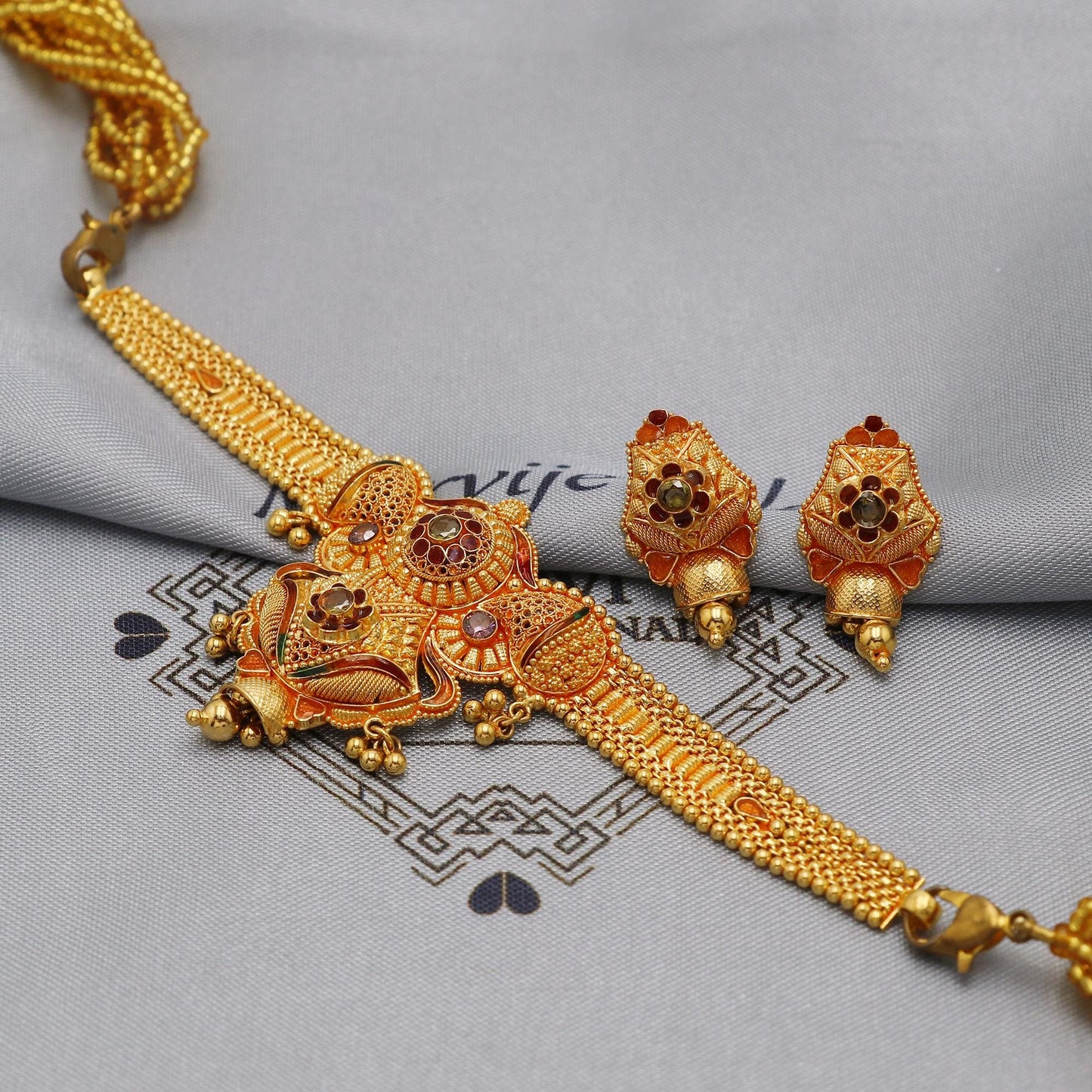22k Gold Choker Necklace Indian with Adjustable Dori, Handmade Traditional Gold Jewelry | Vintage Filigree Style Pure Gold Necklace, K5909
