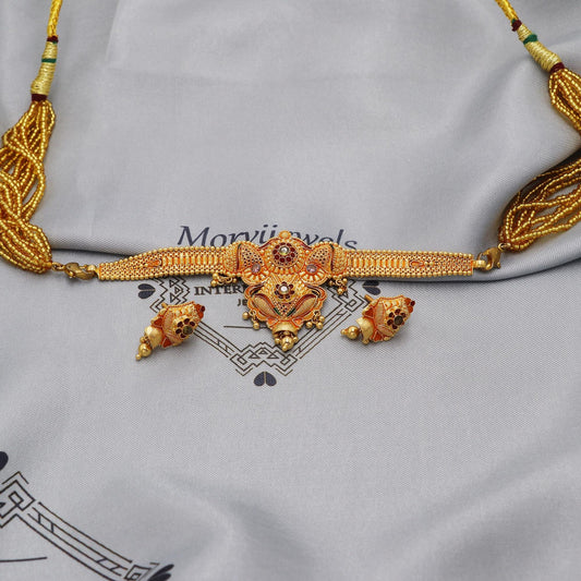 22k Gold Choker Necklace Indian with Adjustable Dori, Handmade Traditional Gold Jewelry | Vintage Filigree Style Pure Gold Necklace, K5909