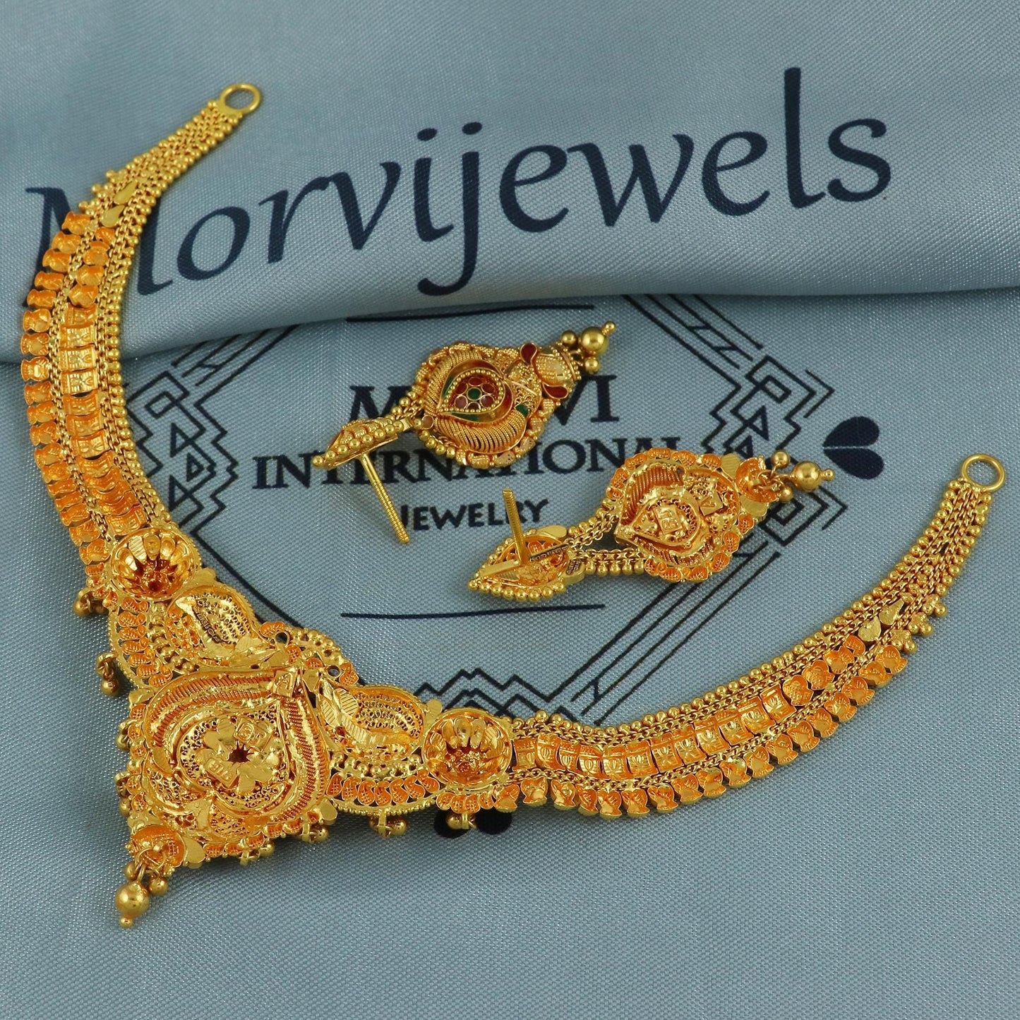 22k Gold Set Indian Necklace Handmade Jewelry by Morvijewels