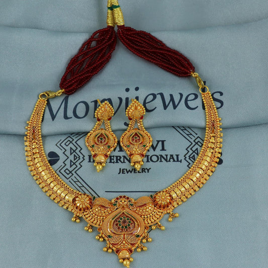 22k Gold Set Indian Necklace Handmade Jewelry by Morvijewels