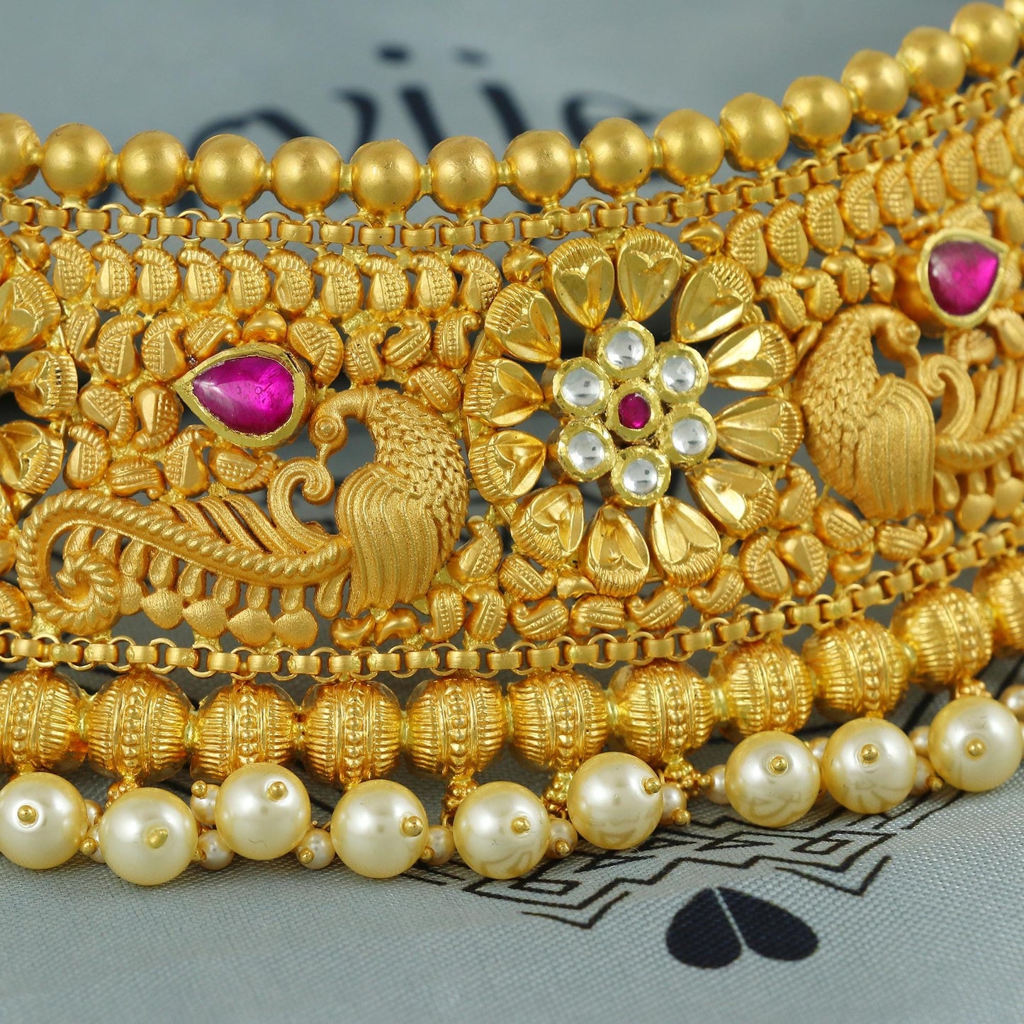 pink white nag 22k yellow gold Necklace (aad) traditional Indian Handmade Jewelry for women, peacock necklace with adjustable dori, K5923