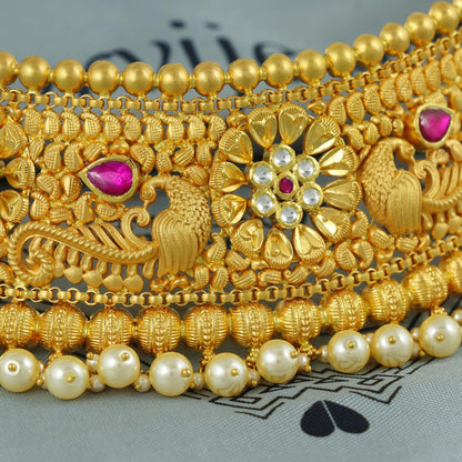 pink white nag 22k yellow gold Necklace (aad) traditional Indian Handmade Jewelry for women, peacock necklace with adjustable dori, K5923