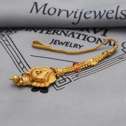 22k Gold Tikka Head Maang Forehead Pendant Jewelry For Wedding Indian, Traditional Ethnic Wear Gold Handmade Jewelry for Gift, K5620