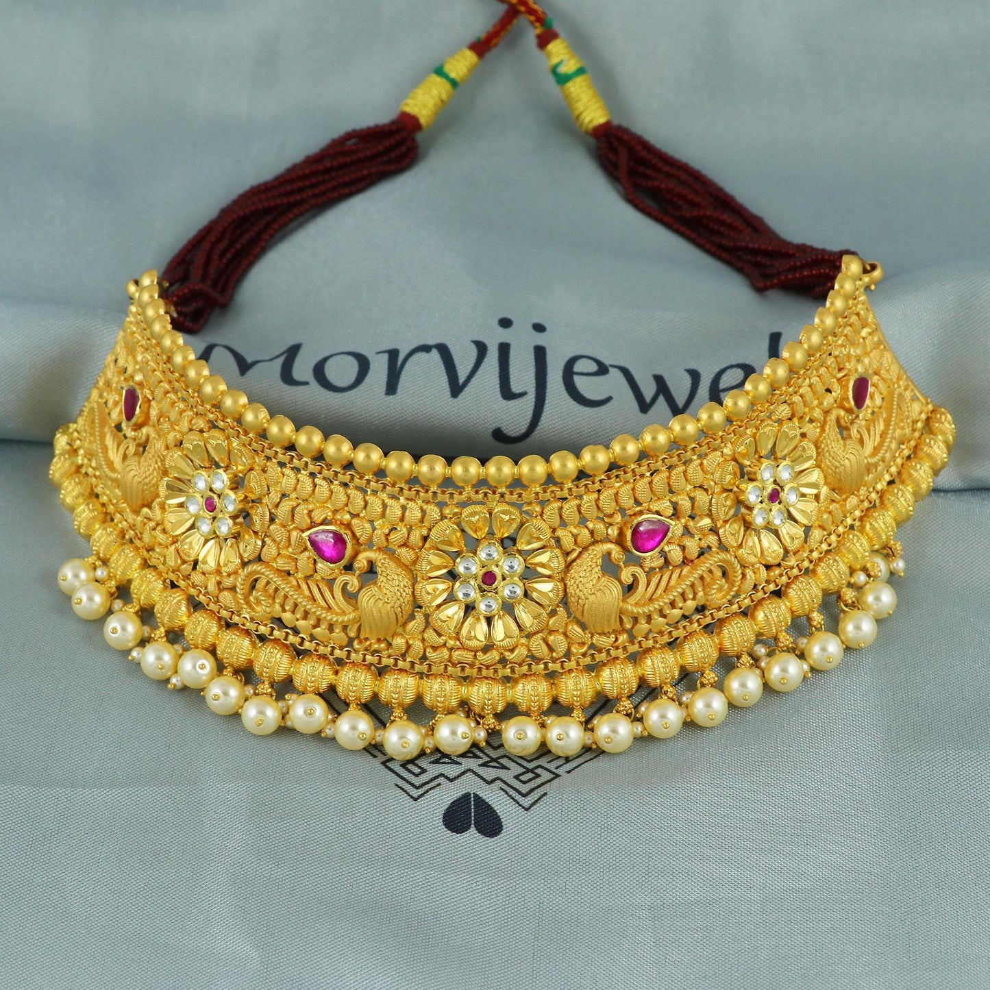 pink white nag 22k yellow gold Necklace (aad) traditional Indian Handmade Jewelry for women, peacock necklace with adjustable dori, K5923