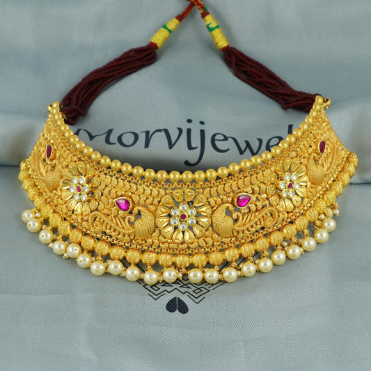 pink white nag 22k yellow gold Necklace (aad) traditional Indian Handmade Jewelry for women, peacock necklace with adjustable dori, K5923