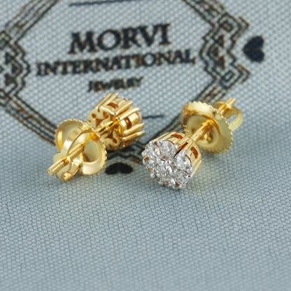 22k 18k Yellow Gold Zircon Stud 7mm with Gold Screw, Handmade 22k 18k Gold Indian Earrings Jewelry for Gift
