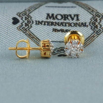 22k 18k Yellow Gold Zircon Stud 7mm with Gold Screw, Handmade 22k 18k Gold Indian Earrings Jewelry for Gift