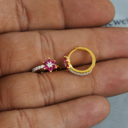 Very Small Pure 22k Yellow Gold Hoop Bali cartilage Earrings, Handmade gold earrings for women, indian gold earrings, pink stone earrings