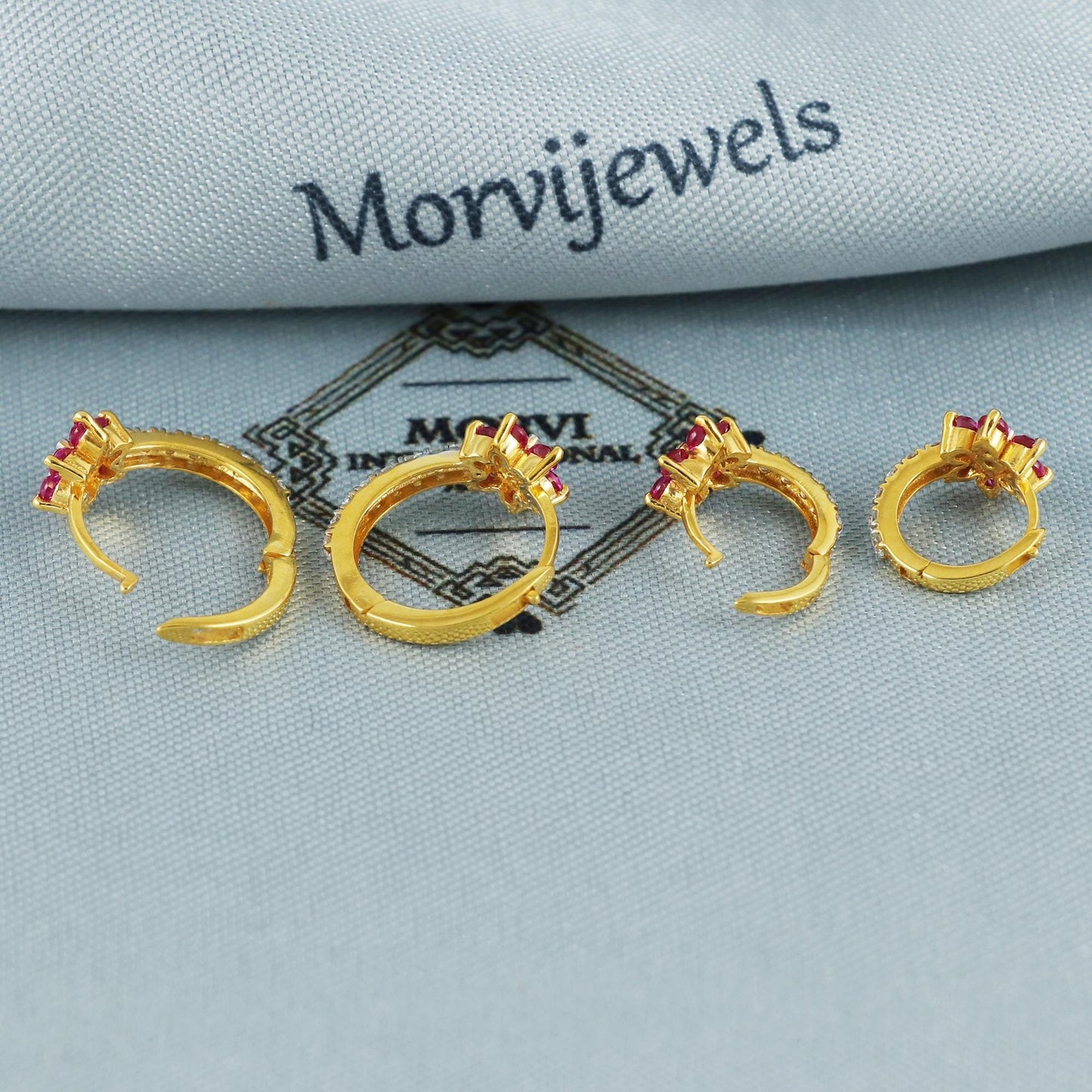 Very Small Pure 22k Yellow Gold Hoop Bali cartilage Earrings, Handmade gold earrings for women, indian gold earrings, pink stone earrings