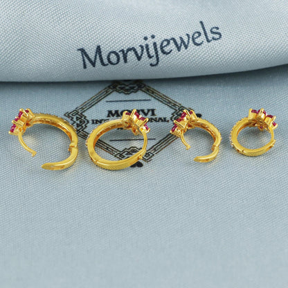 Very Small Pure 22k Yellow Gold Hoop Bali cartilage Earrings, Handmade gold earrings for women, indian gold earrings, pink stone earrings