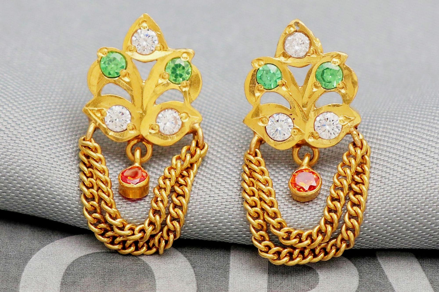 exclusive 22k Yellow Gold Earrings, genuine gold earrings , green white red small stone earrings gift, K5300