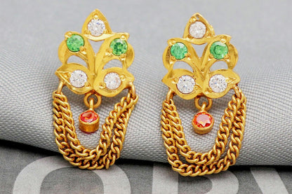 exclusive 22k Yellow Gold Earrings, genuine gold earrings , green white red small stone earrings gift, K5300