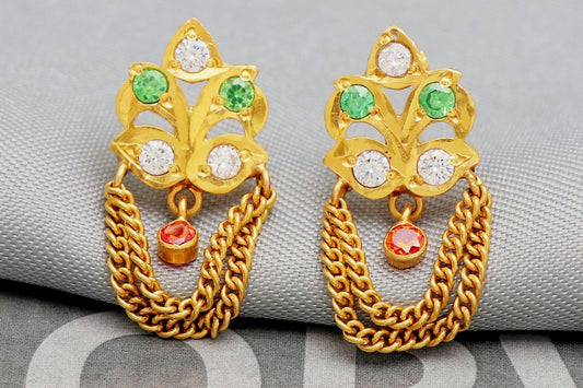 exclusive 22k Yellow Gold Earrings, genuine gold earrings , green white red small stone earrings gift, K5300