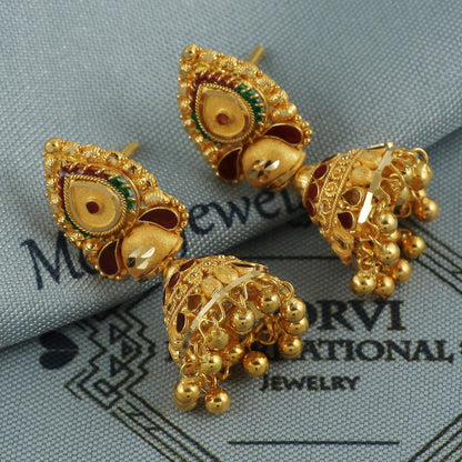 22k 22 karat Gold Jhumka Earrings , handmade vintage Pure Traditional wedding indian style WEDDING Dangle Jhumki Earrings Chandelier