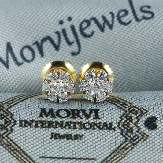 22k 18k Yellow Gold Zircon Stud 7mm with Gold Screw, Handmade 22k 18k Gold Indian Earrings Jewelry for Gift