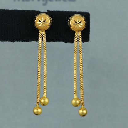 22k Gold Stud Earrings dangling Ear chain, Handmade Yellow gold earrings for women, 8 mm Ball Stud, Beads Stud, small earrings, K5972