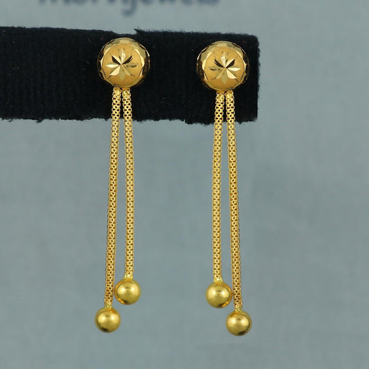 22k Gold Stud Earrings dangling Ear chain, Handmade Yellow gold earrings for women, 8 mm Ball Stud, Beads Stud, small earrings, K5972