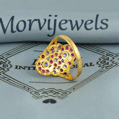 handmade Indian 22k gold ring vintage antique style jewellery, pink stones ring