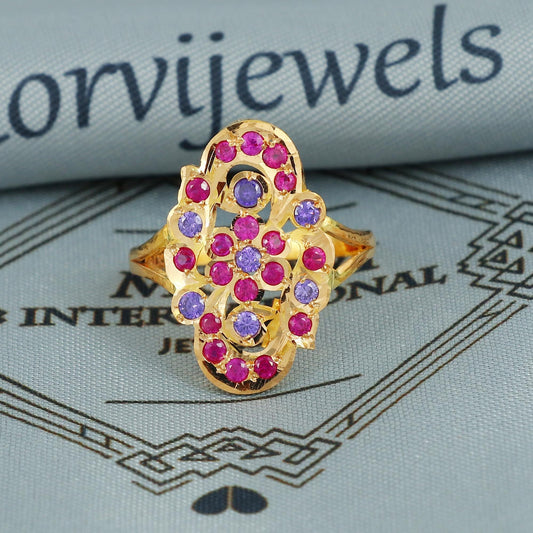 handmade Indian 22k gold ring vintage antique style jewellery, pink stones ring