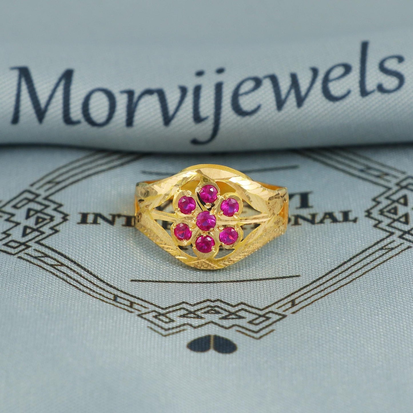 handmade Indian gold ring, solid 22k gold ring, gold ring men women unisex, manmade ruby nag handmade vintage multi stone style ring,