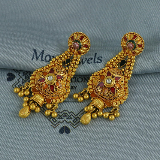 22k Yellow Gold Dangle Earrings Indian Jewelry with beads, Vintage Tribal Traditional handmade jewelry  Made In India, K5975